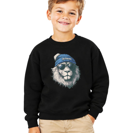 Lions school spirit sweatshirt with cool lion mascot graphic, black crewneck, youth and toddler size, view 3