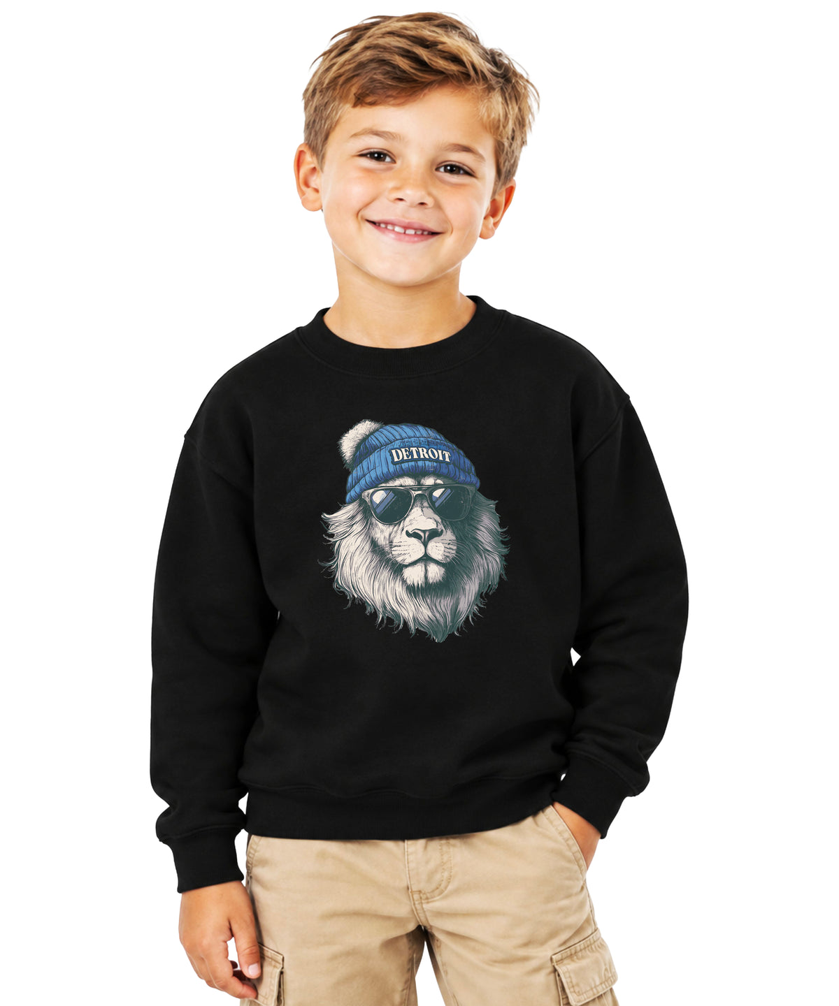 Lions school spirit sweatshirt with cool lion mascot graphic, black crewneck, youth and toddler size, view 3