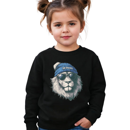 Lions school spirit sweatshirt with cool lion mascot graphic, black crewneck, youth and toddler size, view 4