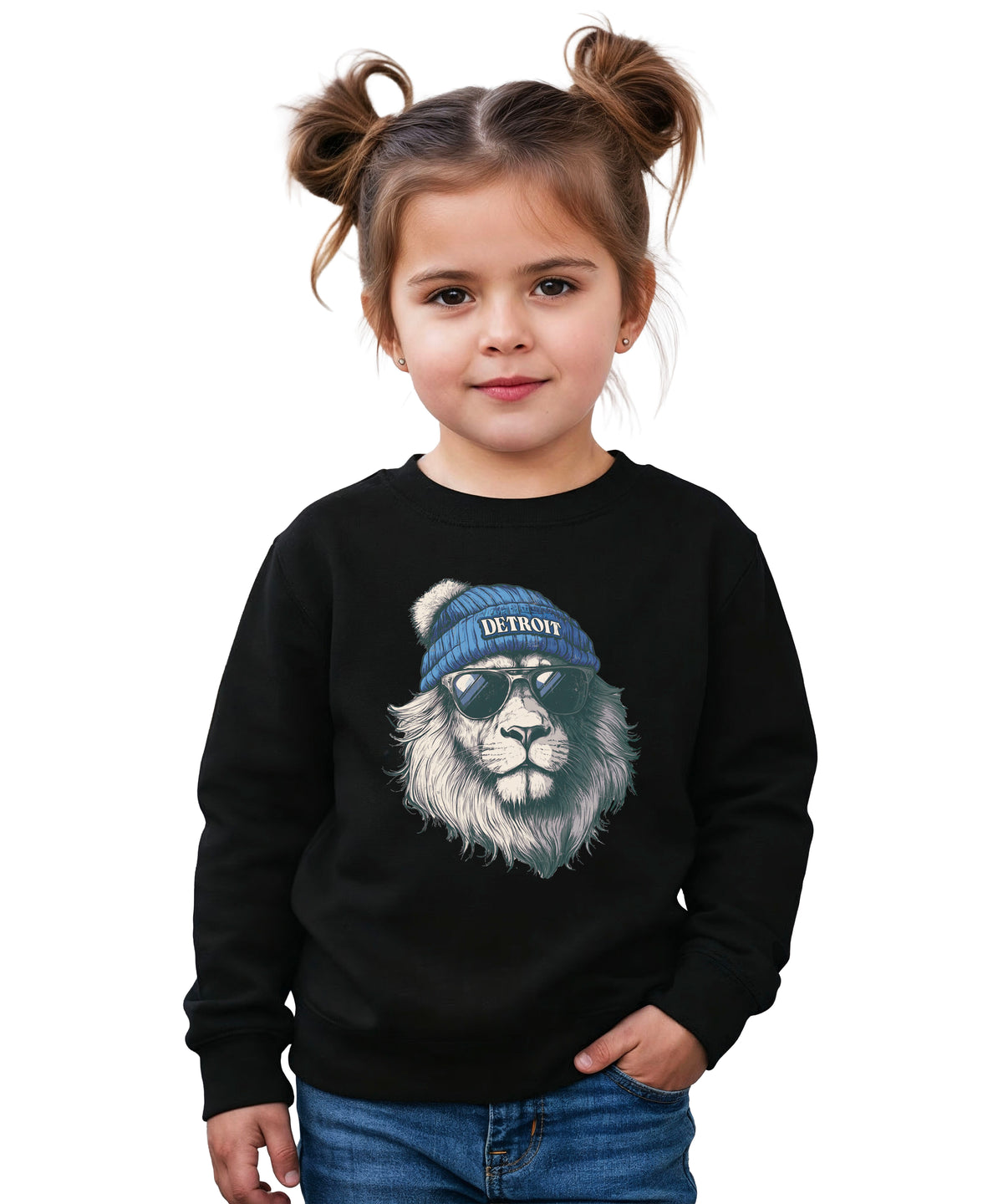 Lions school spirit sweatshirt with cool lion mascot graphic, black crewneck, youth and toddler size, view 4