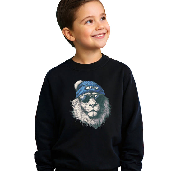 Lions school spirit sweatshirt with cool lion mascot graphic, black crewneck, youth and toddler size, view 5