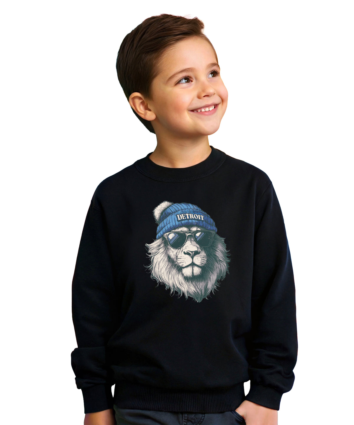 Lions school spirit sweatshirt with cool lion mascot graphic, black crewneck, youth and toddler size, view 5