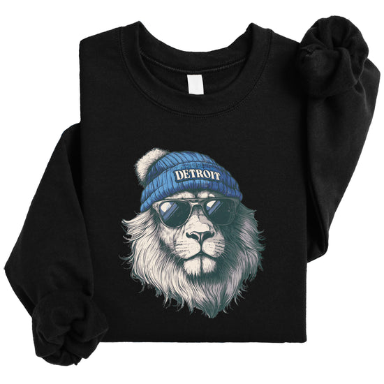 Lions school spirit sweatshirt with cool lion mascot graphic, black crewneck, youth and toddler size, view 6