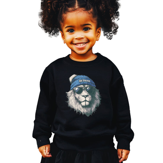 Lions school spirit sweatshirt with cool lion mascot graphic, black crewneck, youth and toddler size, view 7