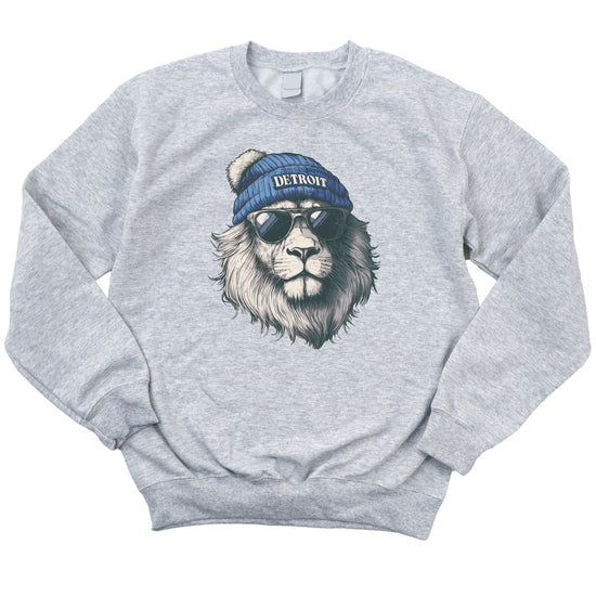 Lions school spirit sweatshirt with cool lion mascot graphic, gray crewneck, youth and toddler size, view 1