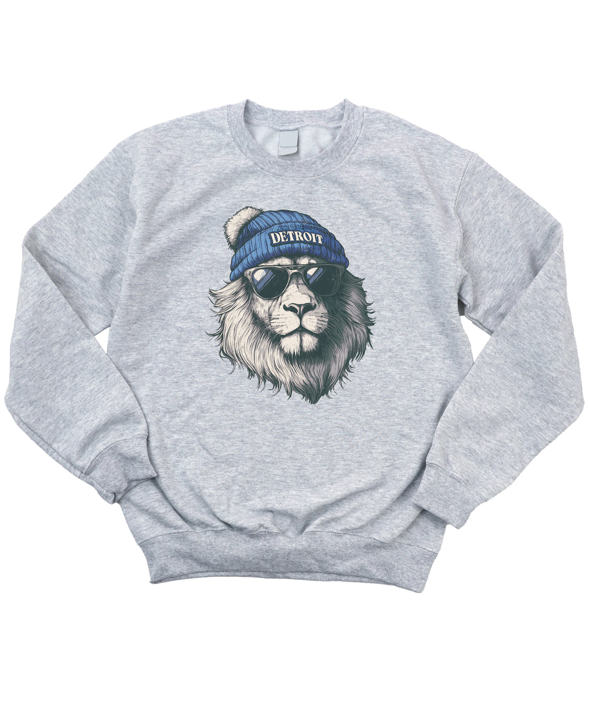 Lions school spirit sweatshirt with cool lion mascot graphic, gray crewneck, youth and toddler size, view 1