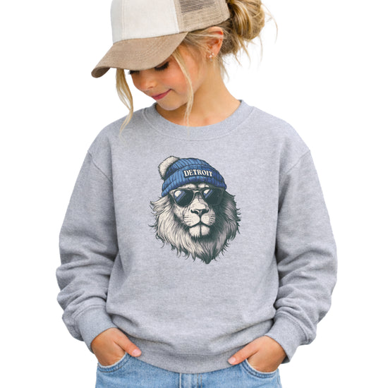 Lions school spirit sweatshirt with cool lion mascot graphic, gray crewneck, youth and toddler size, view 2