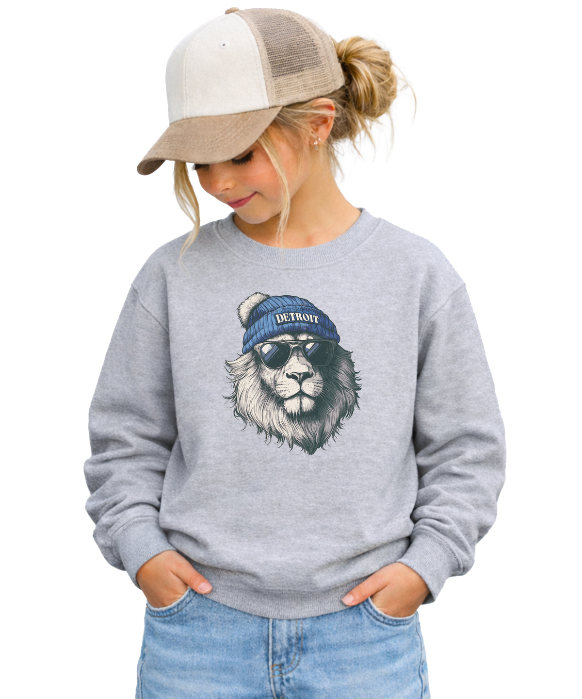 Lions school spirit sweatshirt with cool lion mascot graphic, gray crewneck, youth and toddler size, view 2