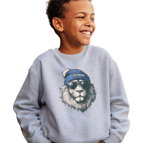 Lions school spirit sweatshirt with cool lion mascot graphic, gray crewneck, youth and toddler size, view 3