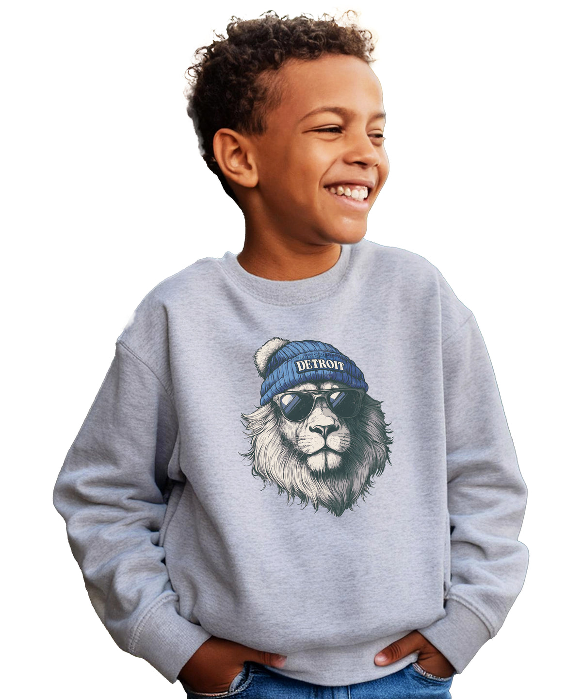 Lions school spirit sweatshirt with cool lion mascot graphic, gray crewneck, youth and toddler size, view 3