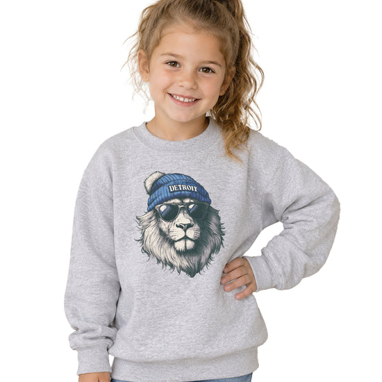 Lions school spirit sweatshirt with cool lion mascot graphic, gray crewneck, youth and toddler size, view 4