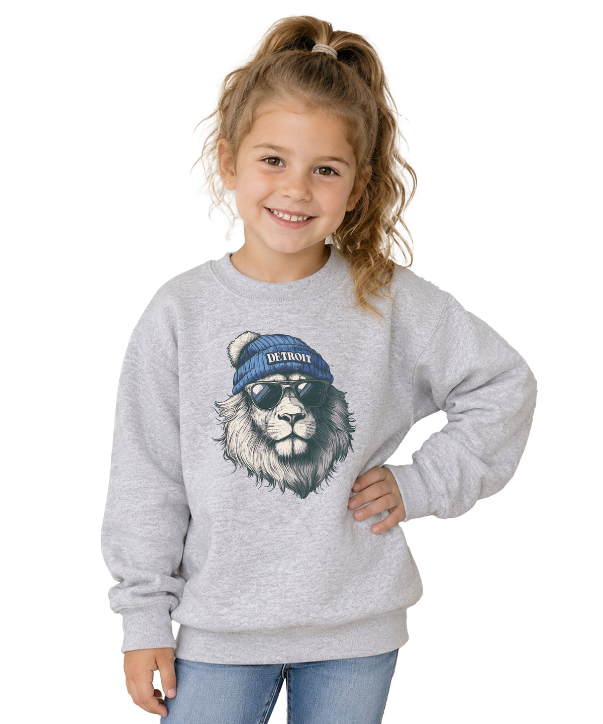 Lions school spirit sweatshirt with cool lion mascot graphic, gray crewneck, youth and toddler size, view 4