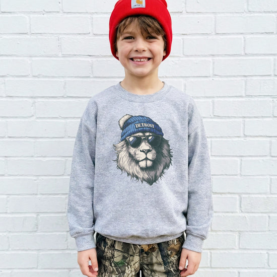 Lions school spirit sweatshirt with cool lion mascot graphic, gray crewneck, youth and toddler size, view 5