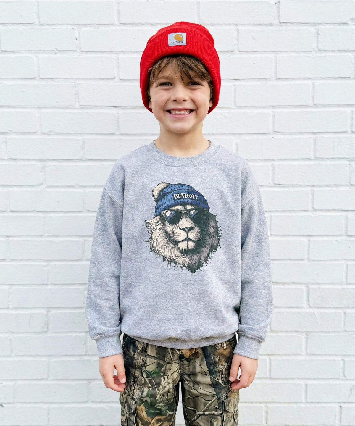 Lions school spirit sweatshirt with cool lion mascot graphic, gray crewneck, youth and toddler size, view 5
