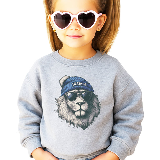 Lions school spirit sweatshirt with cool lion mascot graphic, gray crewneck, youth and toddler size, view 7