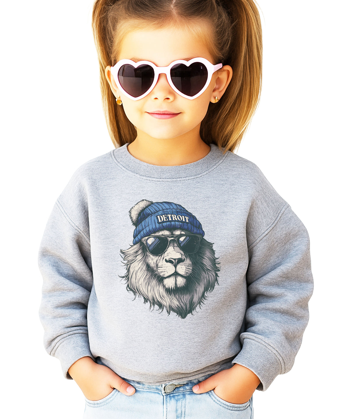 Lions school spirit sweatshirt with cool lion mascot graphic, gray crewneck, youth and toddler size, view 7