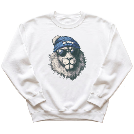 Lions school spirit sweatshirt with cool lion mascot graphic, white crewneck, youth and toddler size, view 1