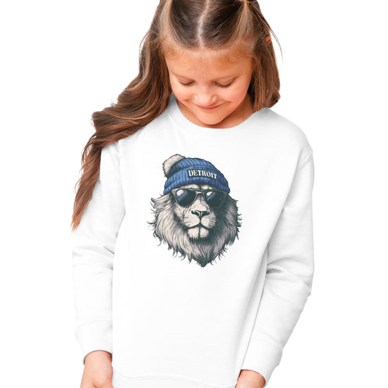 Lions school spirit sweatshirt with cool lion mascot graphic, white crewneck, youth and toddler size, view 2
