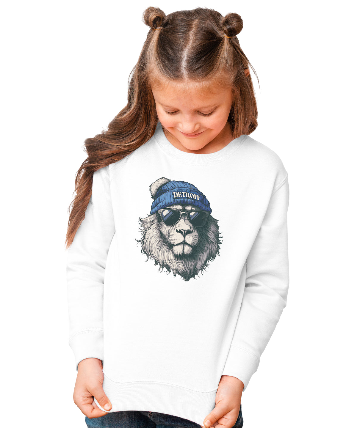 Lions school spirit sweatshirt with cool lion mascot graphic, white crewneck, youth and toddler size, view 2