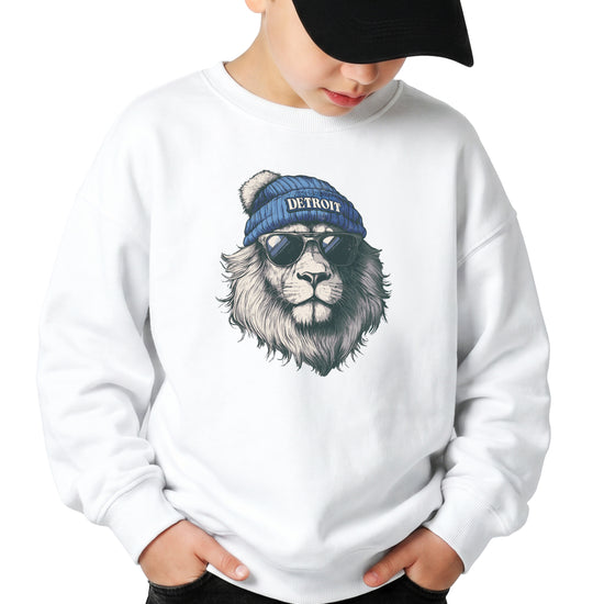 Lions school spirit sweatshirt with cool lion mascot graphic, white crewneck, youth and toddler size, view 3