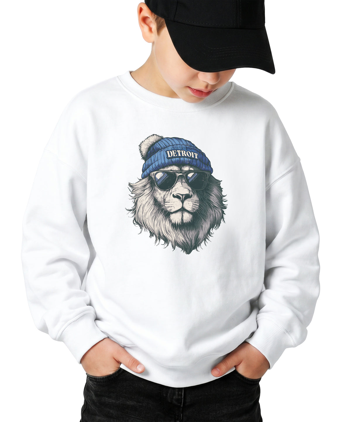 Lions school spirit sweatshirt with cool lion mascot graphic, white crewneck, youth and toddler size, view 3