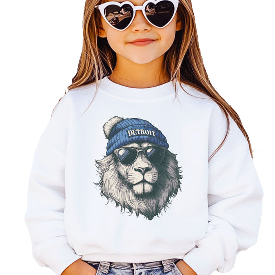 Lions school spirit sweatshirt with cool lion mascot graphic, white crewneck, youth and toddler size, view 4