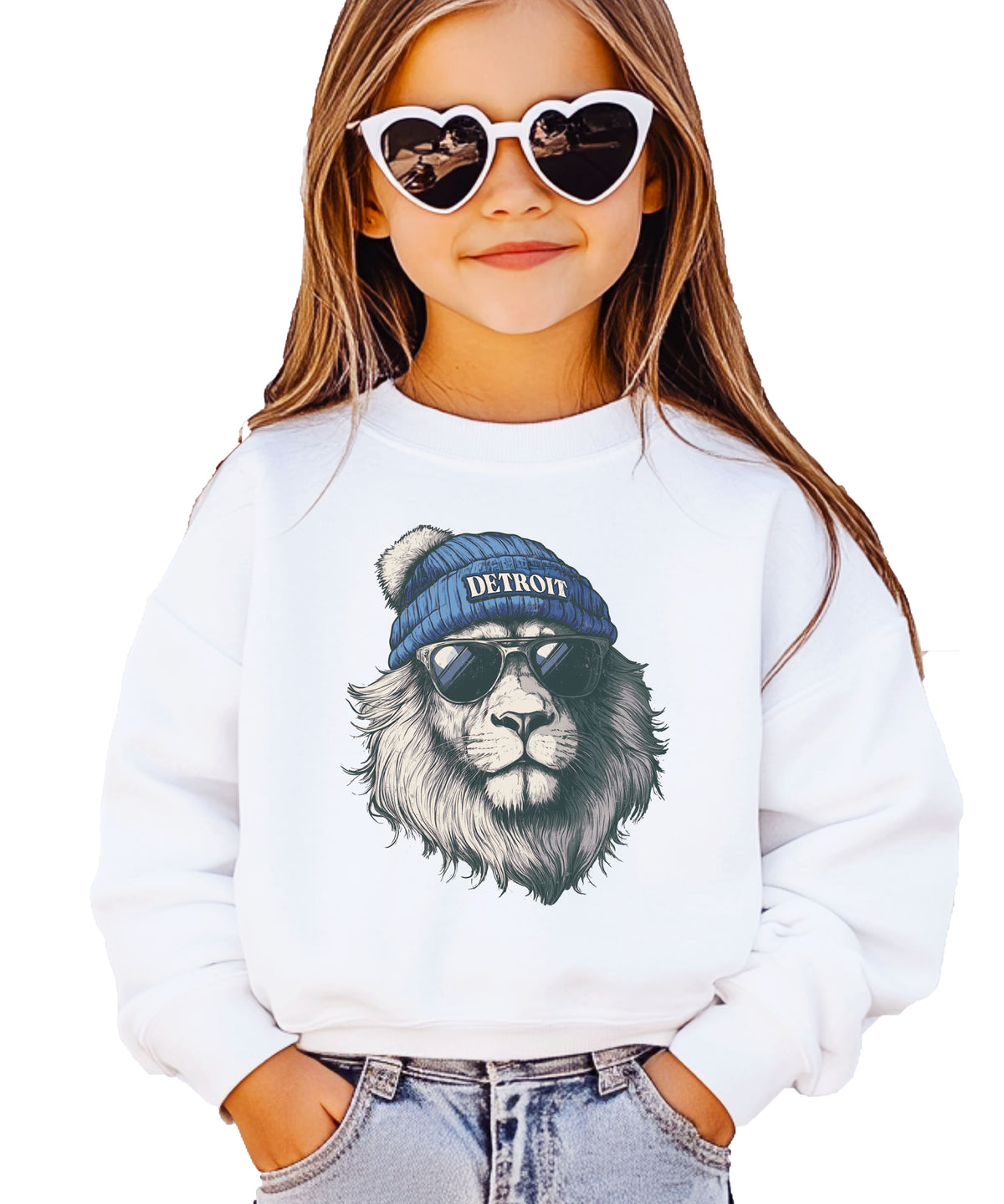 Lions school spirit sweatshirt with cool lion mascot graphic, white crewneck, youth and toddler size, view 4