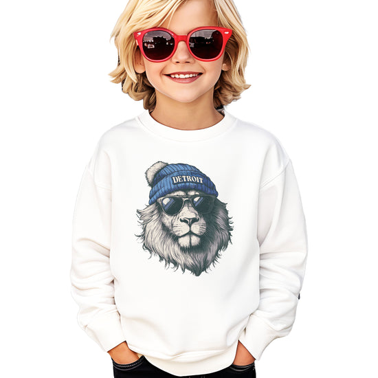 Lions school spirit sweatshirt with cool lion mascot graphic, white crewneck, youth and toddler size, view 5