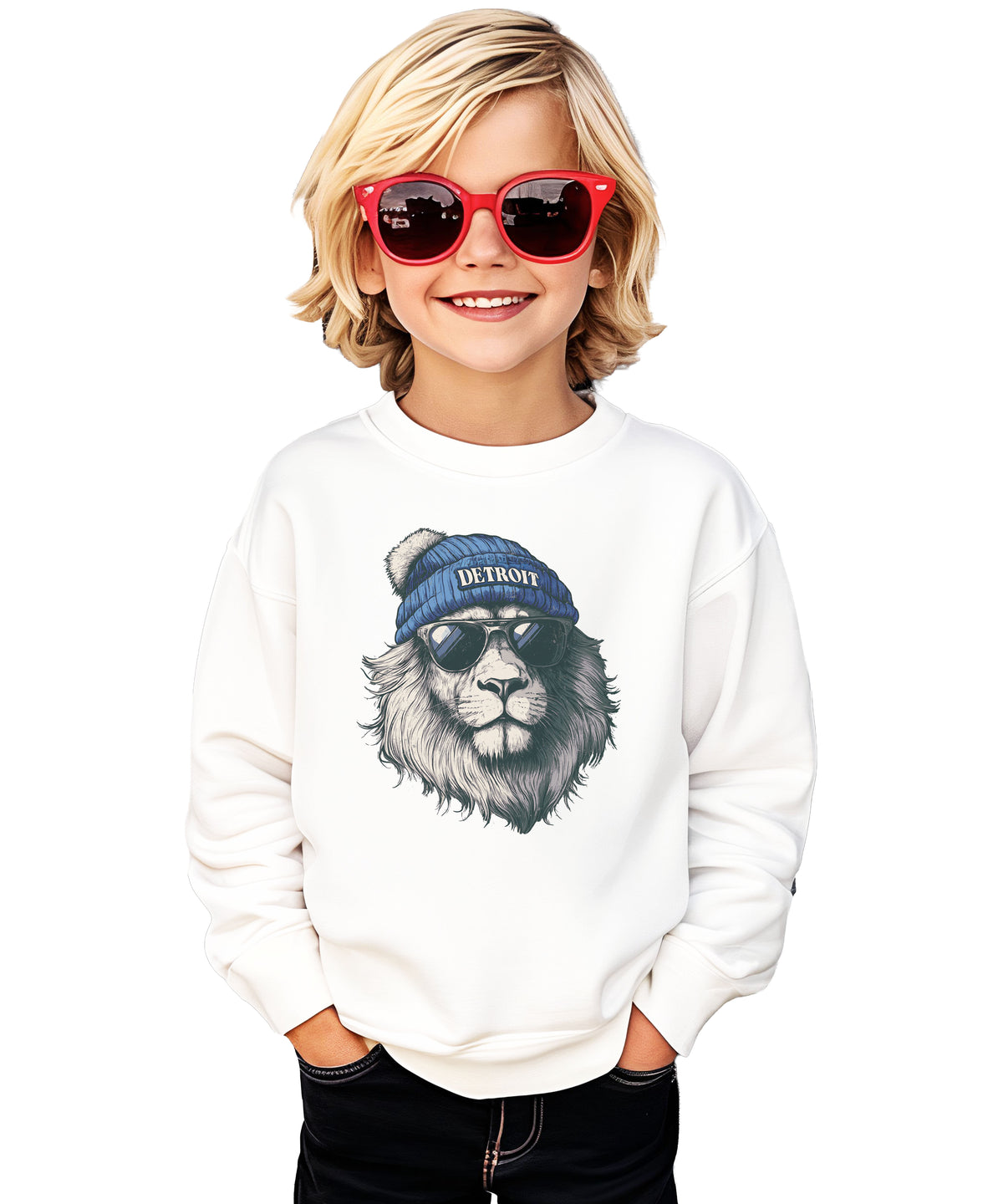 Lions school spirit sweatshirt with cool lion mascot graphic, white crewneck, youth and toddler size, view 5