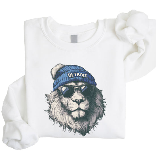 Lions school spirit sweatshirt with cool lion mascot graphic, white crewneck, youth and toddler size, view 6