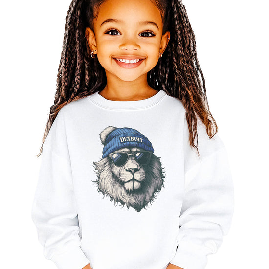 Lions school spirit sweatshirt with cool lion mascot graphic, white crewneck, youth and toddler size, view 7