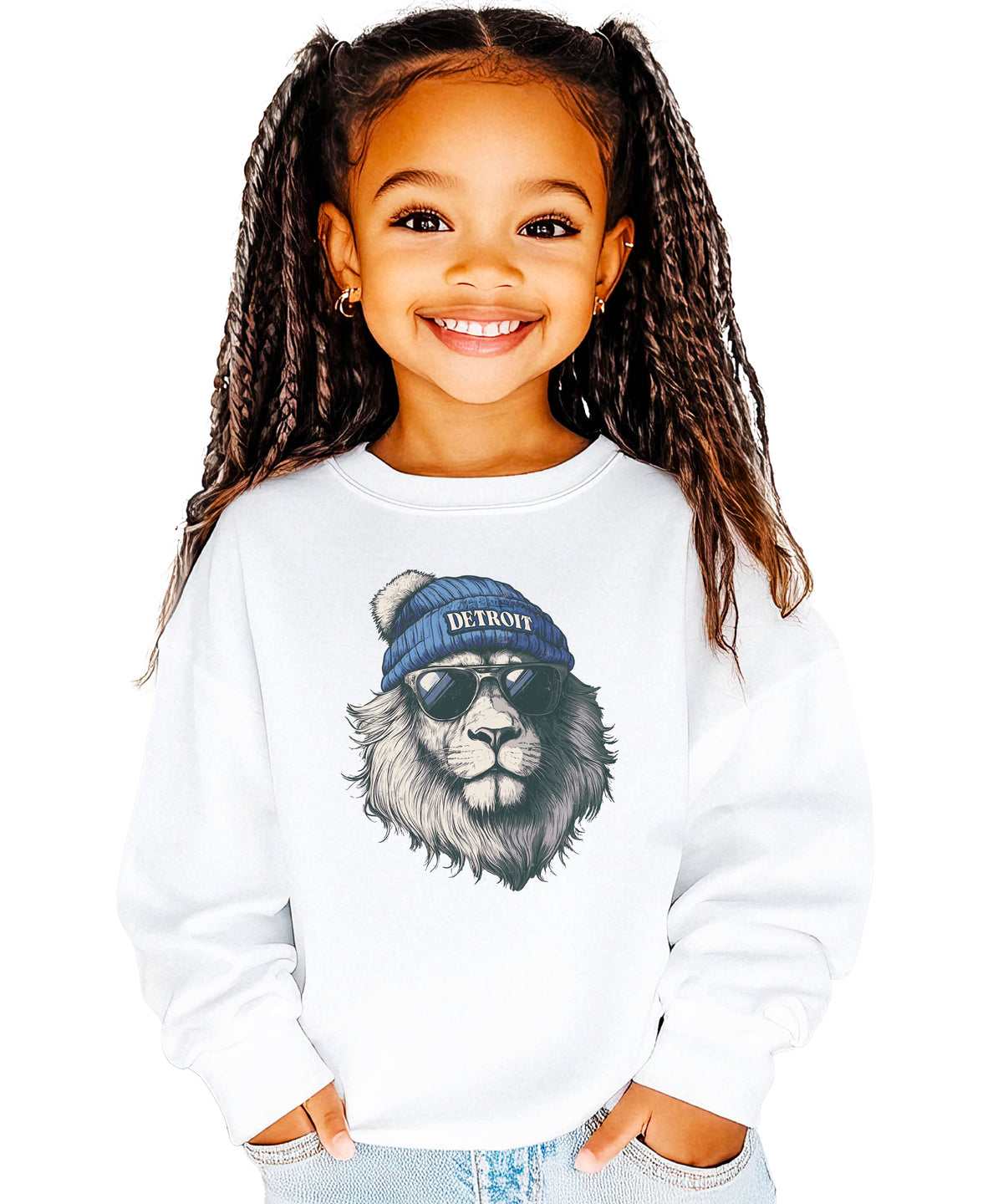 Lions school spirit sweatshirt with cool lion mascot graphic, white crewneck, youth and toddler size, view 7