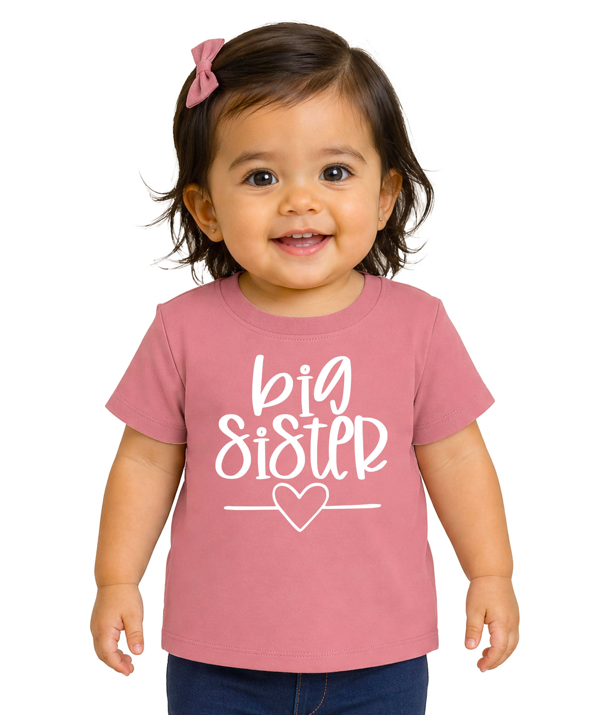 Big Sister heart sibling reveal t-shirt in white on mauve, main view