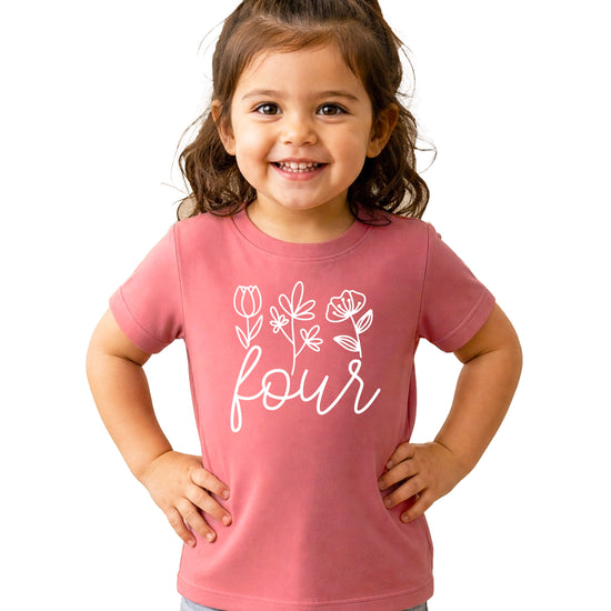 Four Floral 4th birthday shirt for toddler girls, white on mauve, main view