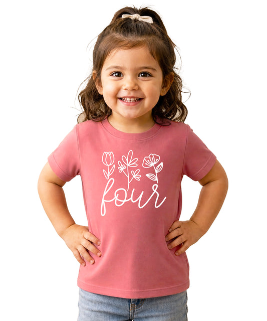 Four Floral 4th birthday shirt for toddler girls, white on mauve, main view