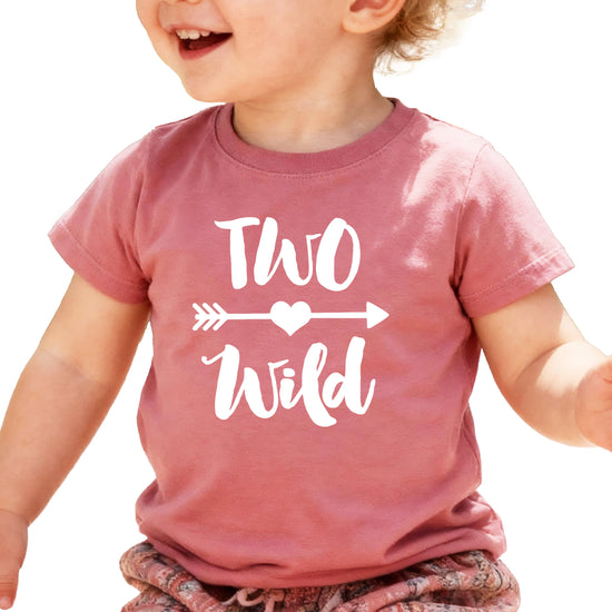 Two Wild 2nd birthday toddler girls shirt, white on mauve, main front view