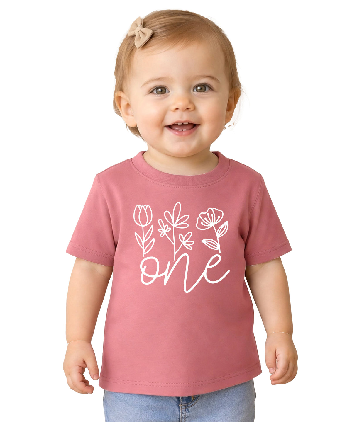 Floral One first birthday shirt for baby girls in white on mauve, front view