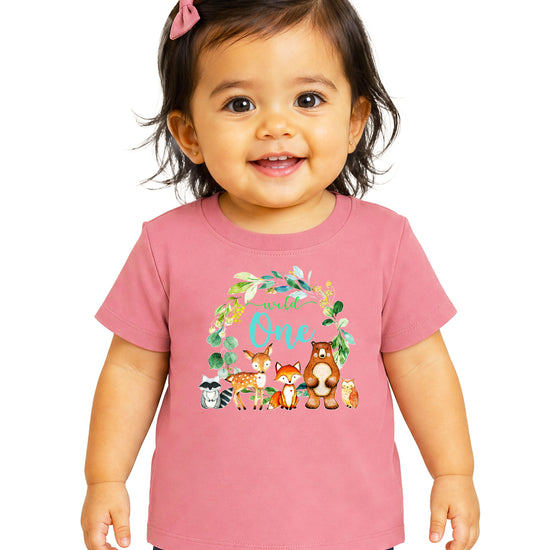 Wild One woodland animals wreath first birthday t-shirt in mauve for babies