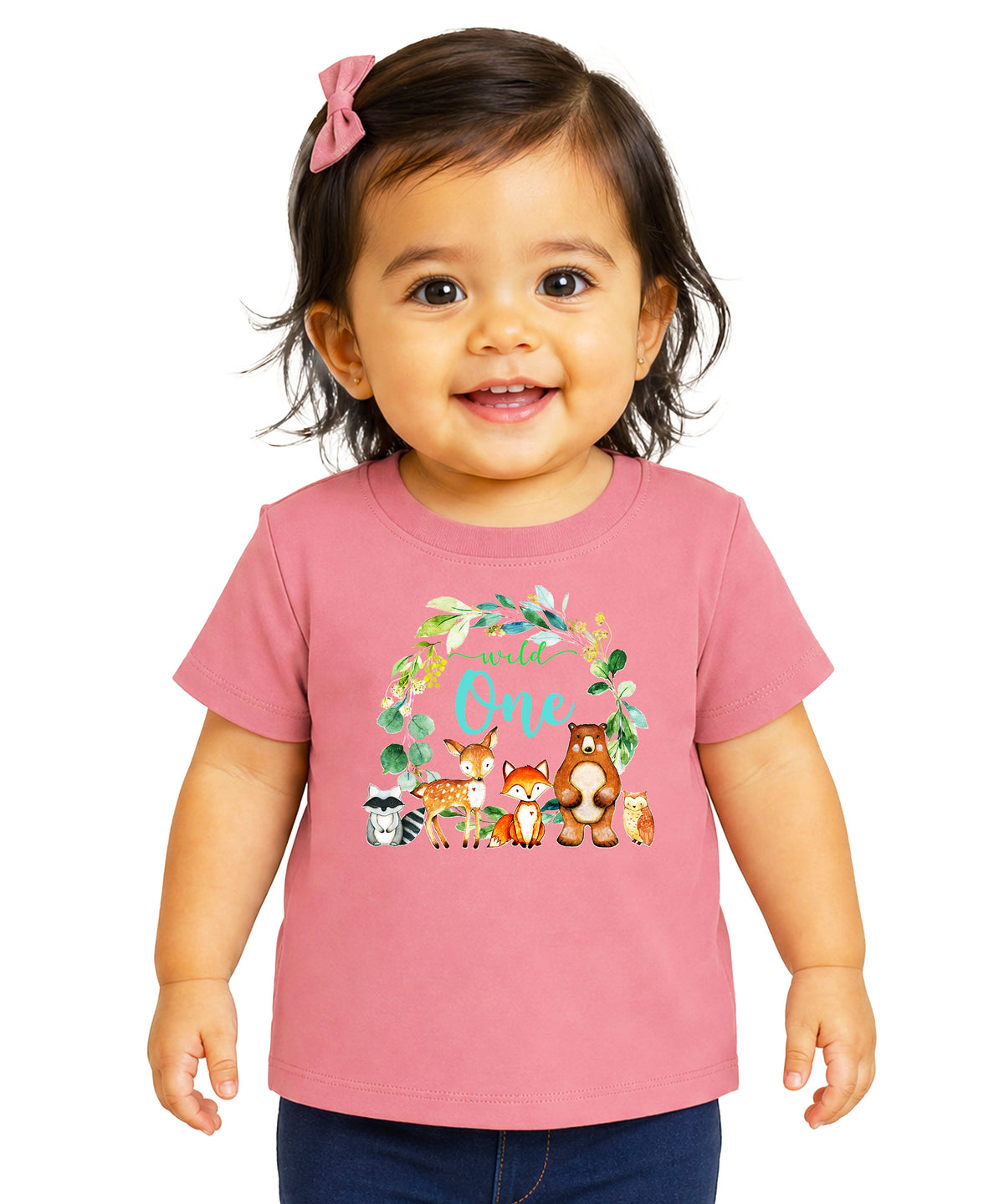 Wild One woodland animals wreath first birthday t-shirt in mauve for babies