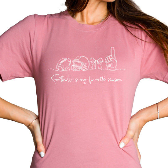 Football is My Favorite Season coquette bow game day tee, Mauve Shirt, view 1