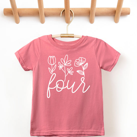 Four Floral 4th birthday shirt for toddler girls, white on mauve, view 2