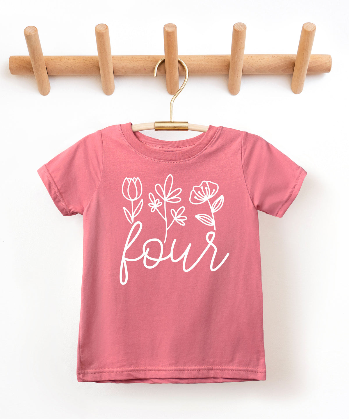 Four Floral 4th birthday shirt for toddler girls, white on mauve, view 2