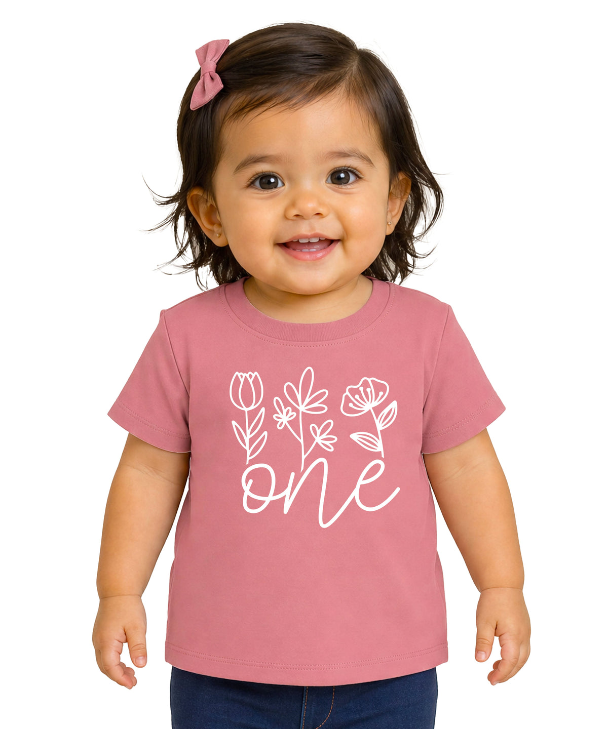 Floral One first birthday shirt for baby girls in white on mauve, third view