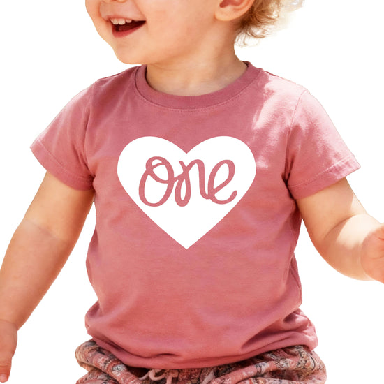 One in a Heart girls first birthday shirt, White on Mauve, additional view 3