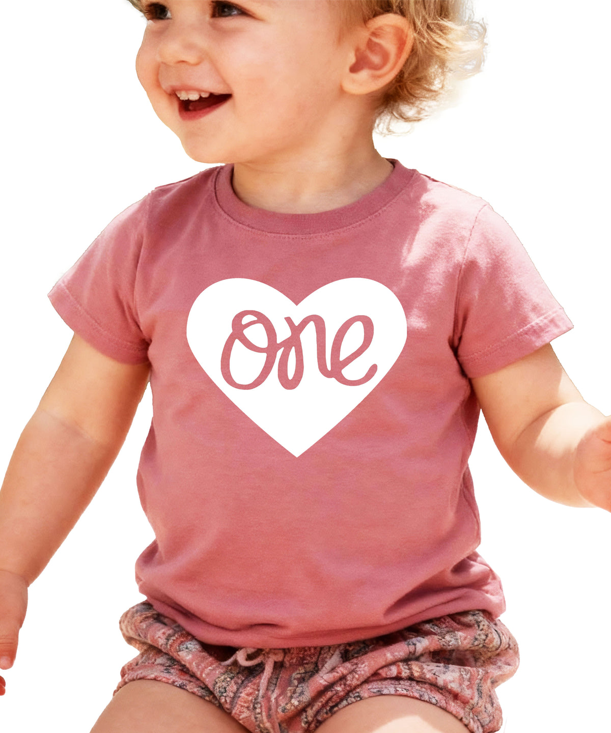One in a Heart girls first birthday shirt, White on Mauve, additional view 3