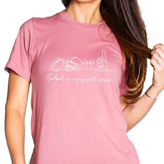 Football is My Favorite Season coquette bow game day tee, Mauve Shirt, view 3