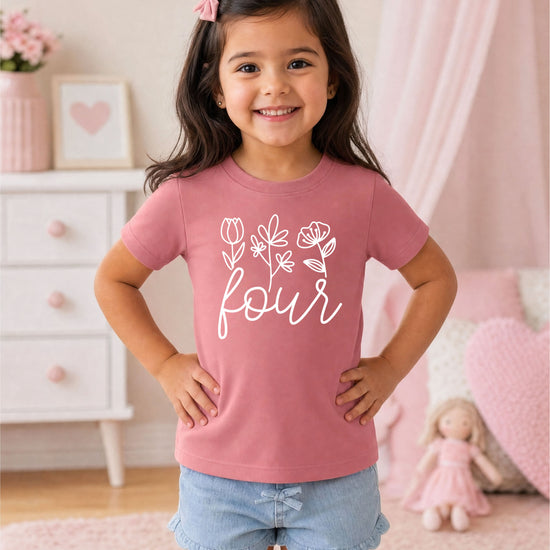 Four Floral 4th birthday shirt for toddler girls, white on mauve, view 3