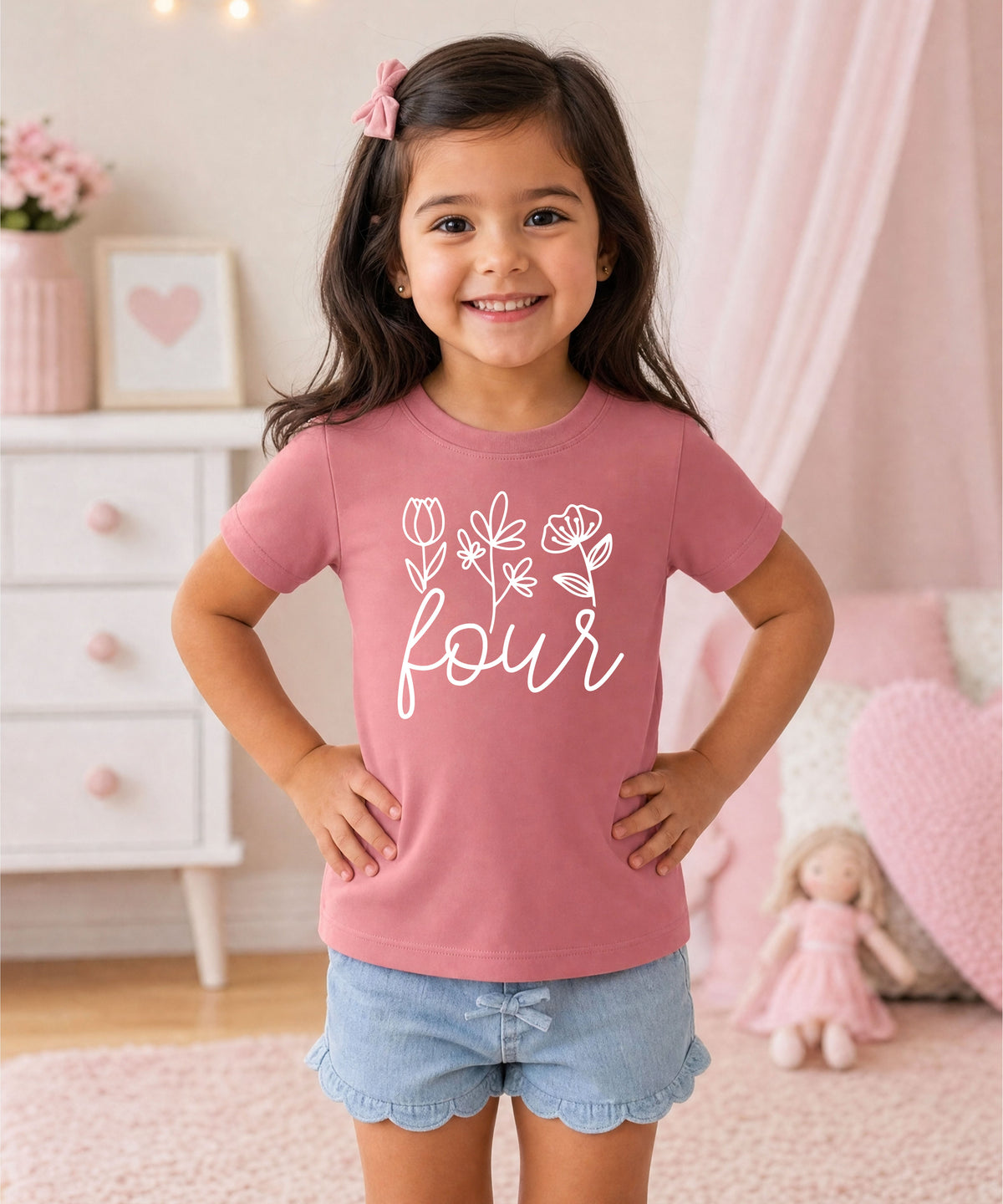 Four Floral 4th birthday shirt for toddler girls, white on mauve, view 3