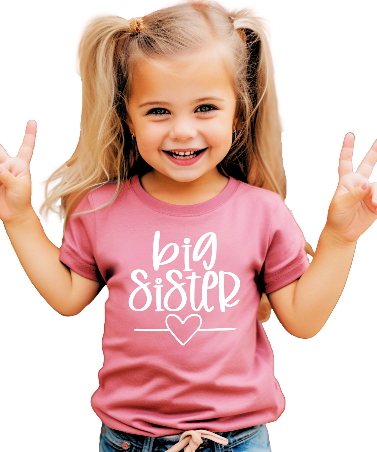 Big Sister heart sibling reveal t-shirt in white on mauve, third view