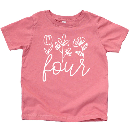 Four Floral 4th birthday shirt for toddler girls, white on mauve, view 4